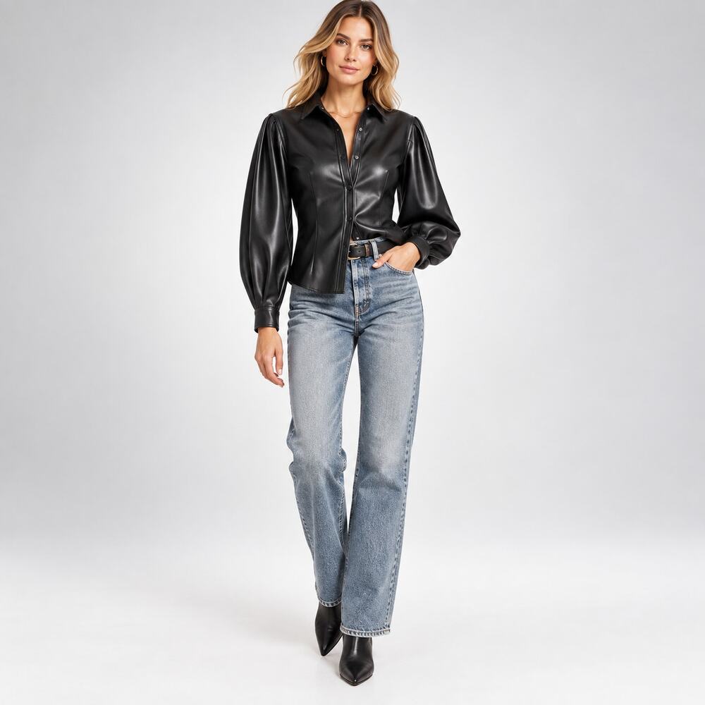 En Saison Rylee Faux Vegan Leather Button Front Long Sleeve Shirt Black S NEW